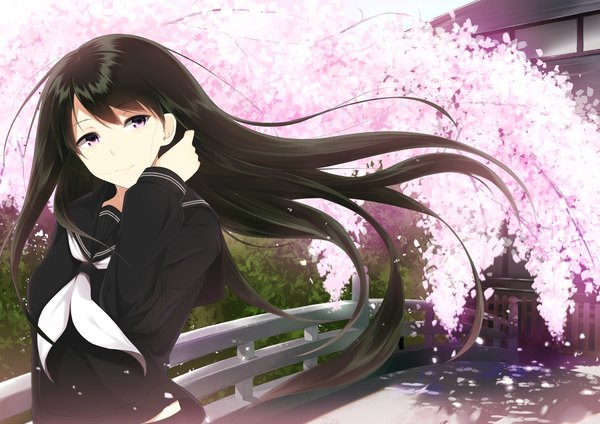 Anime picture 1100x779 with original animetta single long hair black hair smile looking away sky pink eyes light smile wind cherry blossoms girl plant (plants) petals tree (trees) serafuku