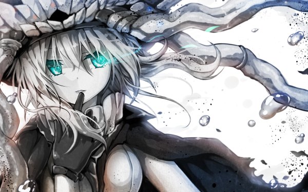 Anime picture 1200x750 with kantai collection wo-class aircraft carrier yano mitsuki single long hair silver hair aqua eyes teeth glowing finger to mouth glowing eye (eyes) white skin shinkaisei-kan girl gloves black gloves bubble (bubbles) tentacles