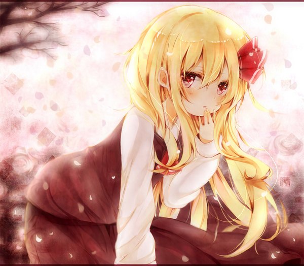 Anime picture 1100x962 with touhou rumia misa (kaeruhitode) single long hair looking at viewer fringe blonde hair red eyes parted lips alternate hairstyle alternate hair length girl dress bow hair bow petals