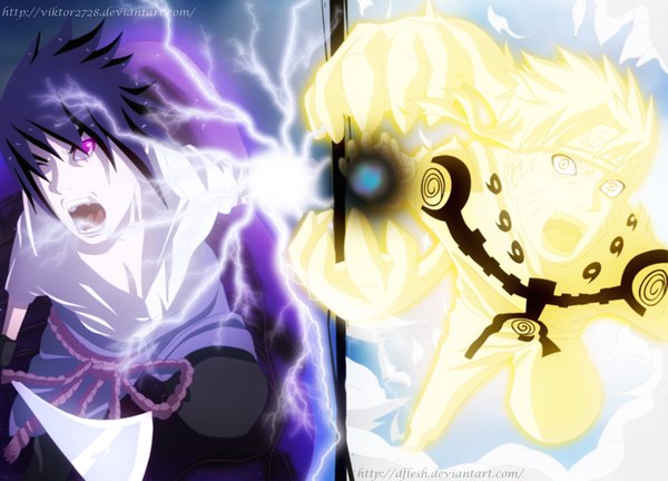 Anime picture 1500x1081 with naruto studio pierrot naruto (series) uzumaki naruto uchiha sasuke airest27 fuertenamikaze short hair open mouth black hair blonde hair purple eyes multiple boys coloring facial mark glowing multiview whisker markings jinchuriki lightning