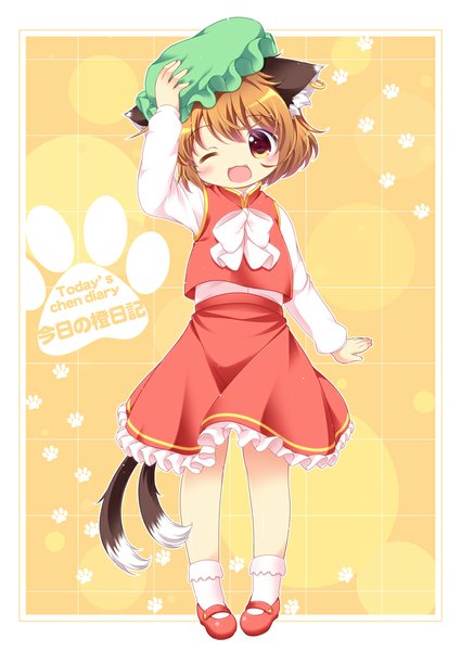 Anime picture 708x1000 with touhou chen pila-pela single tall image looking at viewer blush short hair open mouth brown hair brown eyes animal ears tail animal tail one eye closed wink cat ears cat girl cat tail loli