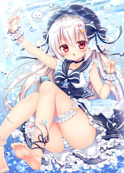 Anime picture 750x1049 with original mitsuba choco single long hair tall image looking at viewer fringe light erotic hair between eyes red eyes white hair barefoot pantyshot sleeveless outstretched arm underwater pinky out girl hair ornament underwear