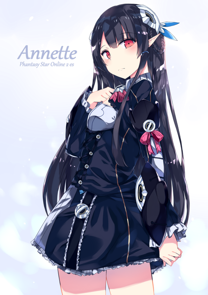 Anime picture 625x885 with phantasy star phantasy star online 2 sega anette (pso2) kurebayashi noe single long hair tall image looking at viewer blush fringe black hair simple background red eyes pointy ears copyright name character names gradient background hand on chest lolita fashion