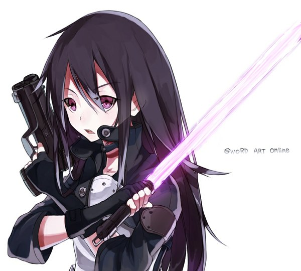 Anime picture 1000x900 with sword art online a-1 pictures kirigaya kazuto hajime kaname single long hair open mouth black hair simple background white background pink eyes open clothes open jacket copyright name boy gloves weapon sword jacket gun