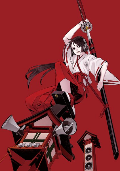 Anime picture 1000x1419 with original hamada youho single long hair tall image looking at viewer open mouth simple background smile brown hair holding brown eyes ponytail traditional clothes japanese clothes red background girl weapon sword socks
