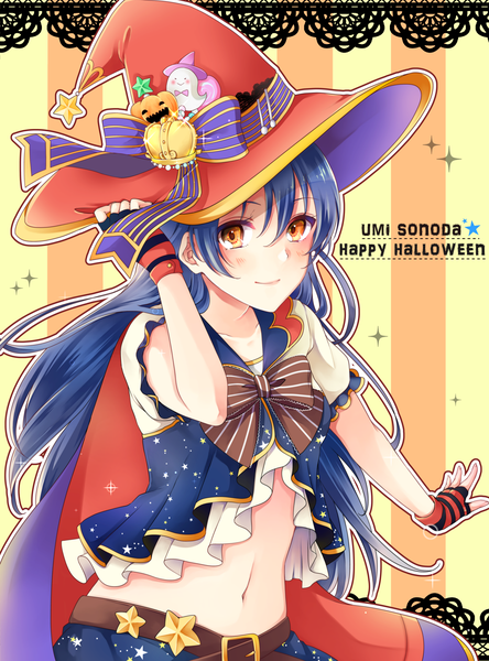 Anime picture 1500x2026 with love live! school idol project sunrise (studio) love live! sonoda umi akit (15jamjam) single long hair tall image looking at viewer blush brown eyes blue hair midriff halloween witch happy halloween girl dress gloves navel
