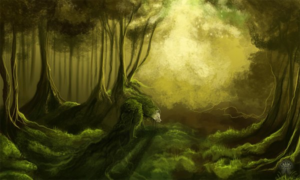 Anime picture 1181x709 with original alectorfencer (artist) wide image landscape plant (plants) tree (trees) grass forest wolf
