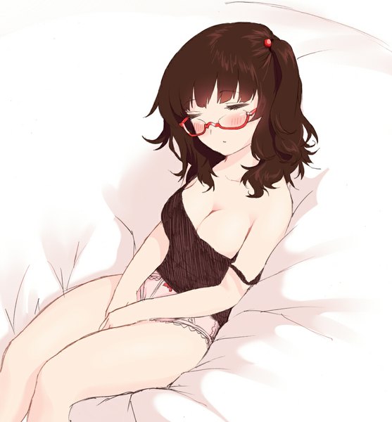 Anime picture 928x1000 with original blew andwhite single tall image blush fringe breasts light erotic brown hair head tilt off shoulder sleeping girl hair ornament underwear panties glasses frills white panties bow panties