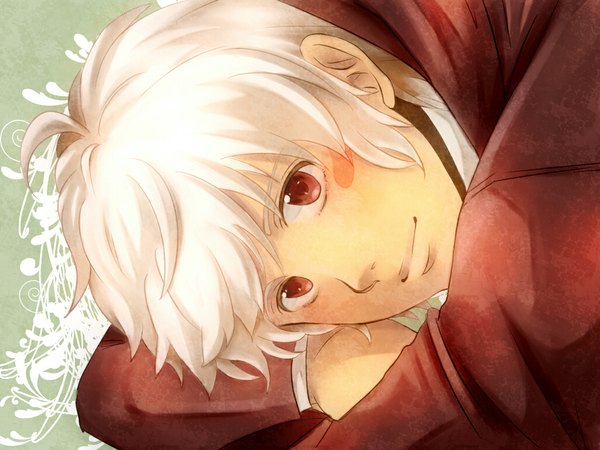 Anime picture 1024x768 with no.6 studio bones shion (no.6) single short hair red eyes white hair light smile facial mark face face paint boy coat