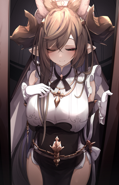 Anime picture 2532x3947 with granblue fantasy galleon (granblue fantasy) rai (sakuranbo sugar) single tall image blush fringe highres breasts brown hair large breasts standing animal ears eyes closed very long hair horn (horns) pointy ears hair over one eye hand on chest side slit