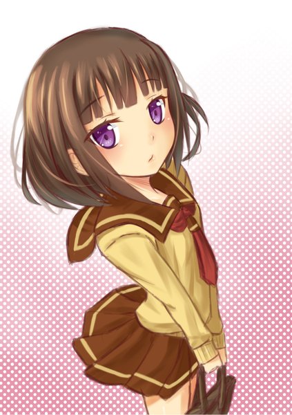 Anime picture 1232x1748 with original shitou (1992116210) single tall image looking at viewer blush fringe short hair simple background brown hair standing purple eyes holding long sleeves pleated skirt from above polka dot girl skirt uniform