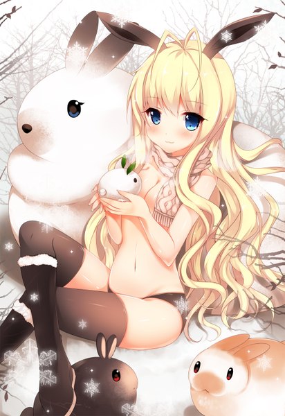 Anime picture 1032x1500 with original usagihime single long hair tall image blush blue eyes light erotic blonde hair animal ears bunny ears underwear only snowing winter snow girl thighhighs underwear panties black thighhighs