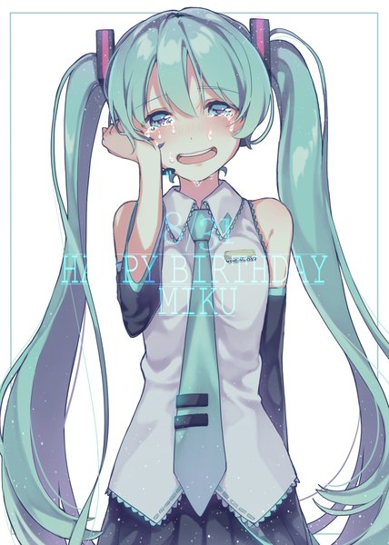 イラスト 1000x1400 と ボーカロイド 初音ミク あいこ ソロ 長髪 長身像 カメラ目線 赤面 開いた口 simple background 白背景 ツインテール 肩出し upper body head tilt aqua eyes aqua hair character names 涙 framed