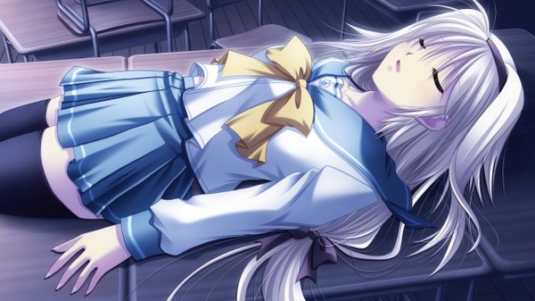 Anime picture 1280x720 with kagura gakuen ki akizuki koharu yamamoto kazue long hair wide image game cg white hair eyes closed girl serafuku