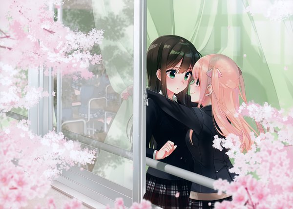 Anime picture 4198x3000 with original koruri long hair blush highres blue eyes black hair smile multiple girls pink hair absurdres indoors scan hug cherry blossoms shoujo ai face to face eye contact girl uniform