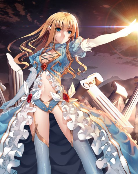 Anime picture 1000x1260 with original joeian (artist) single long hair tall image blue eyes light erotic blonde hair standing looking away sky outstretched arm girl thighhighs dress gloves navel white thighhighs elbow gloves pillar