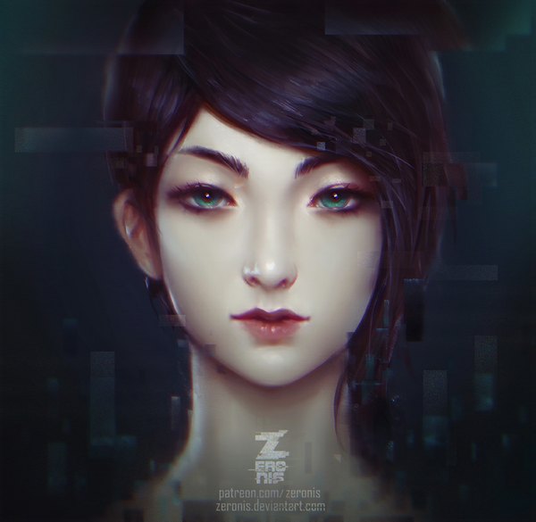 Anime picture 851x830 with soma (game) frictional games catherine chun paul (shiramune) single looking at viewer short hair black hair simple background green eyes signed light smile lips realistic lipstick portrait dark background pink lipstick makeup girl