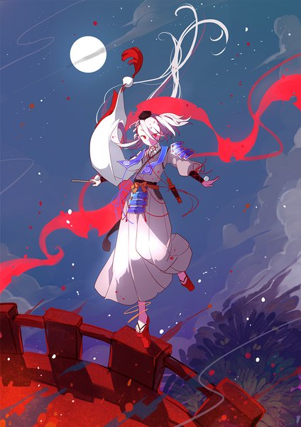 Anime picture 800x1131 with touken ranbu nitroplus ima-no-tsurugi yetworldview kaze single tall image smile red eyes looking away sky full body white hair very long hair traditional clothes japanese clothes from above night spread arms leg lift (legs lift) boy