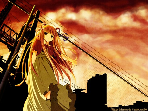 Anime picture 1024x768 with single long hair looking at viewer brown hair cloud (clouds) against fence girl fence