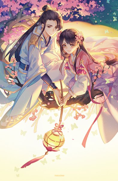 Anime picture 800x1219 with instockee long hair tall image brown hair holding brown eyes yellow eyes traditional clothes hair flower orange eyes leaning leaning forward couple cherry blossoms holding hands light chinese clothes girl boy flower (flowers)