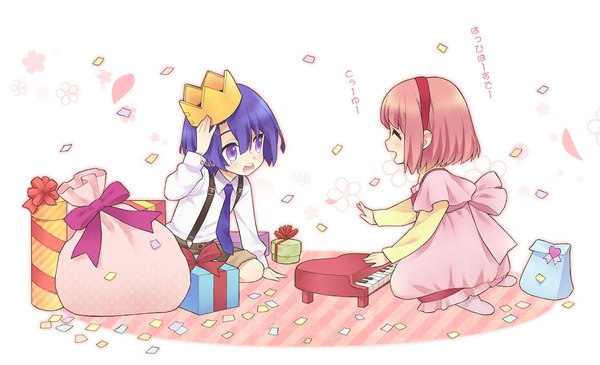 Anime picture 1150x700 with uta no prince-sama a-1 pictures hijirikawa masato nanami haruka (uta no prince-sama) hisagi-y4 blush short hair wide image sitting purple eyes blue hair pink hair eyes closed kneeling dress shirt crown gift musical instrument child (children)