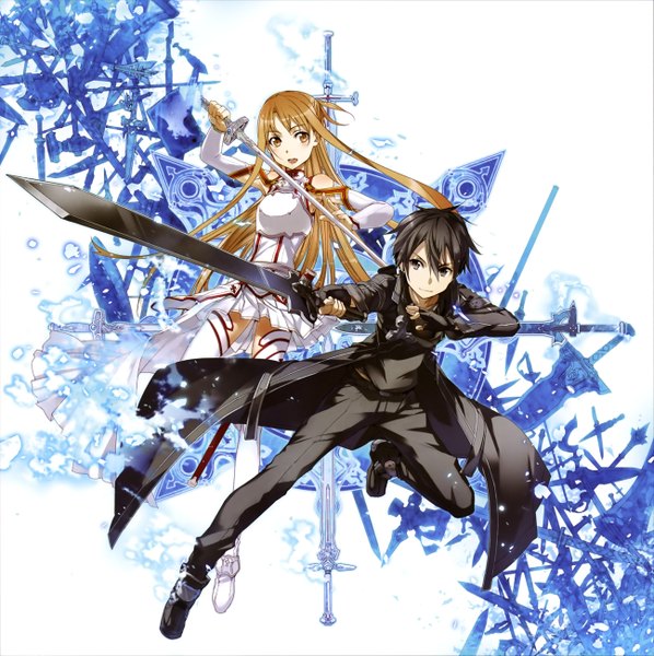 Anime picture 2591x2602 with sword art online a-1 pictures yuuki asuna kirigaya kazuto abec long hair tall image highres short hair open mouth black hair brown hair brown eyes black eyes scan official art girl boy gloves weapon