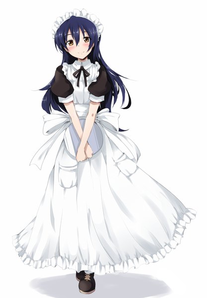 Anime picture 835x1200 with love live! school idol project sunrise (studio) love live! sonoda umi chata maru single long hair tall image looking at viewer blush simple background white background brown eyes blue hair maid girl ribbon (ribbons) shoes headdress maid headdress