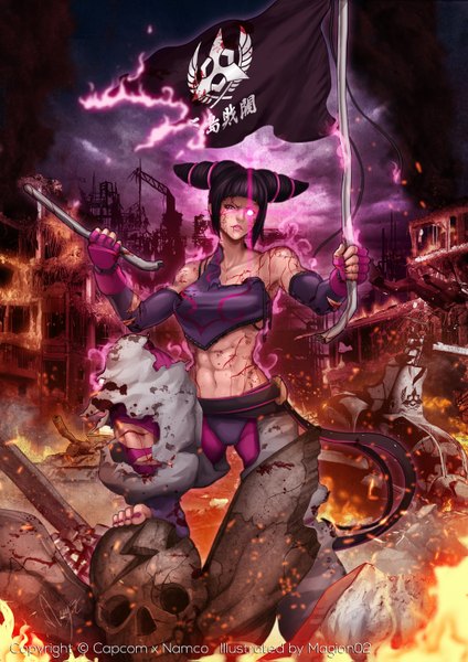 Anime picture 1000x1415 with street fighter capcom han juri magion02 single tall image short hair black hair cloud (clouds) nail polish pink eyes lips realistic night midriff night sky torn clothes glowing smoke glowing eye (eyes)