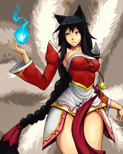 Anime picture 800x1000 with league of legends ahri (league of legends) tagme (artist) single tall image fringe breasts black hair bare shoulders animal ears yellow eyes looking away cleavage tail braid (braids) very long hair animal tail wide sleeves fox ears fox tail