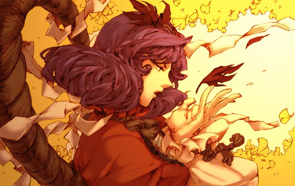 Anime picture 1465x930 with touhou yasaka kanako itkz single short hair red eyes blue hair profile wind autumn curly hair girl hair ornament leaf (leaves) mirror maple leaf rope