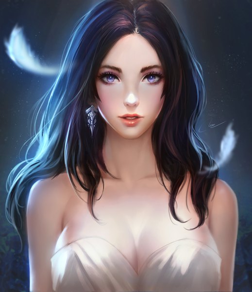 Anime picture 1038x1200 with original chaosringen single long hair tall image looking at viewer light erotic black hair purple eyes bare shoulders signed cleavage upper body parted lips realistic lipstick makeup girl earrings feather (feathers)