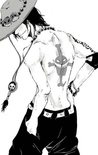 Anime picture 1024x1615 with one piece toei animation portgas d. ace yuminonami single tall image short hair black hair white background looking back light smile from behind tattoo back monochrome topless freckles covering eye (eyes) hat over eyes boy