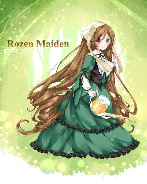 Anime picture 1600x2000 with rozen maiden suiseiseki single tall image looking at viewer blush brown hair twintails very long hair copyright name heterochromia drill hair girl frills bonnet teapot