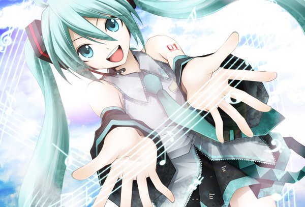 Anime picture 1275x865 with vocaloid hatsune miku kuromayu single open mouth smile twintails bare shoulders very long hair :d aqua eyes aqua hair spread arms foreshortening girl skirt detached sleeves miniskirt necktie headphones