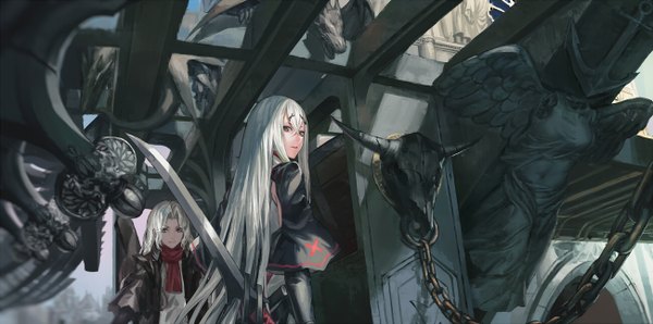Anime picture 1300x646 with original pixiv fantasia pixiv fantasia t infukun long hair looking at viewer wide image silver hair grey eyes androgynous girl hair ornament weapon sword hairclip scarf chain statue
