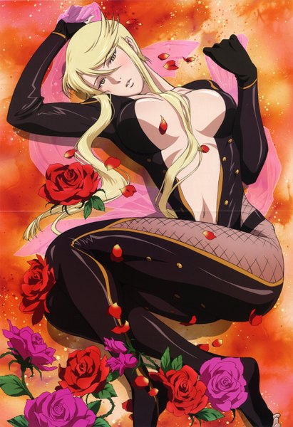 Anime picture 2056x3000 with sengoku basara production i.g kasuga single tall image highres breasts open mouth light erotic blonde hair yellow eyes very long hair scan girl navel flower (flowers) petals rose (roses) bodysuit