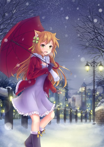 Anime picture 1000x1414 with original asakurashinji single long hair tall image blush open mouth blonde hair yellow eyes night light snowing winter snow exhalation bare tree girl dress plant (plants) tree (trees)