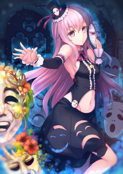 Anime picture 848x1200 with touhou hata no kokoro ti-tang single long hair tall image looking at viewer pink hair pink eyes midriff girl dress navel flower (flowers) hat detached sleeves mask mini hat mini top hat