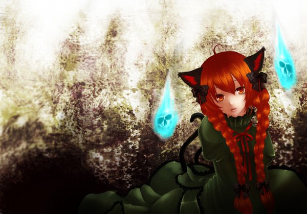 Anime picture 1429x1000 with touhou kaenbyou rin geike long hair red eyes twintails animal ears red hair braid (braids) cat ears cat tail twin braids ghost girl
