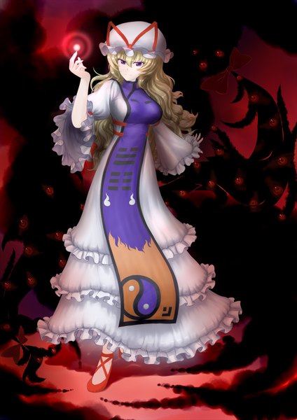 Anime picture 1200x1697 with touhou yakumo yukari single long hair tall image blonde hair standing purple eyes magic curly hair eyes girl headdress