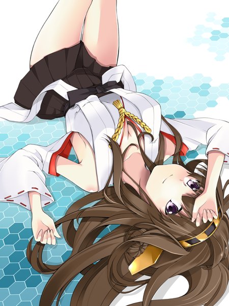 Anime picture 840x1120 with kantai collection kongou battleship single long hair tall image looking at viewer smile brown hair purple eyes lying traditional clothes miko nontraditional miko girl detached sleeves