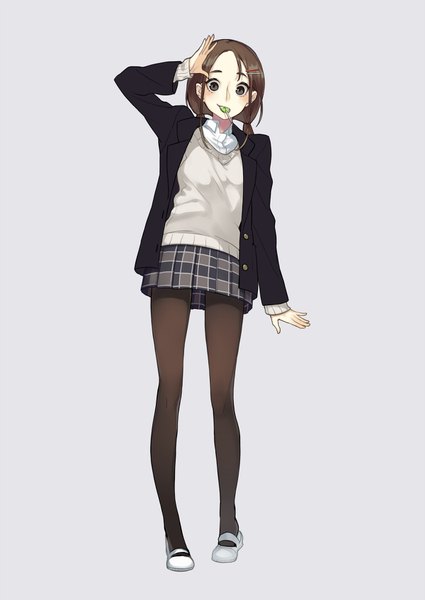 Anime picture 1200x1694 with original yuu (higashi no penguin) single long hair tall image simple background brown hair standing twintails holding full body black eyes grey background mouth hold low twintails plaid skirt salute girl skirt uniform