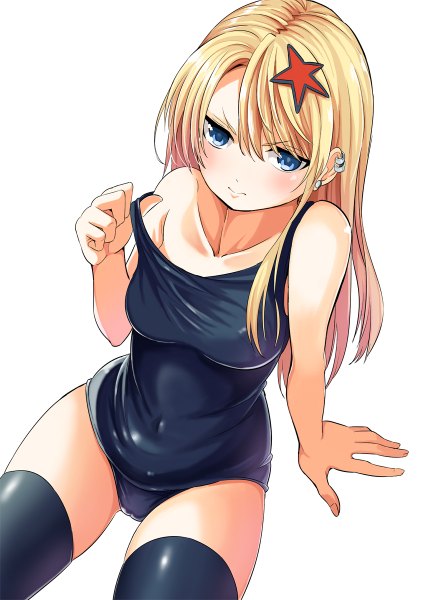 Anime picture 848x1200 with seifuku! nishigori atsushi single long hair tall image looking at viewer blush breasts blue eyes light erotic blonde hair simple background white background sitting frown girl thighhighs hair ornament black thighhighs swimsuit