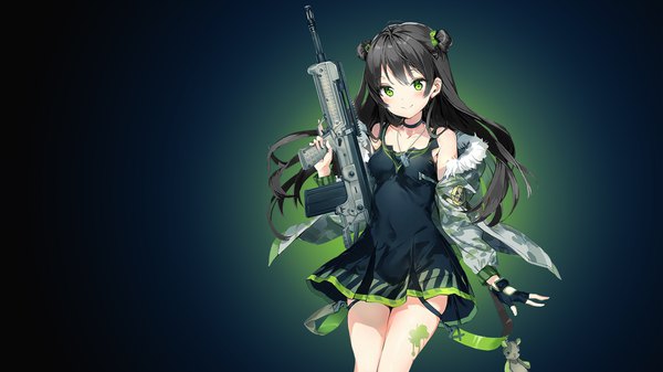Anime picture 3840x2160 with girls frontline rfb (girls frontline) anmi assassinwarrior single long hair looking at viewer blush fringe highres black hair smile wide image bare shoulders holding green eyes absurdres ahoge arm up off shoulder