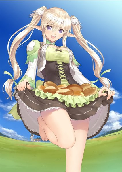 Anime picture 1285x1817 with shining (series) shining ark shannon (shining ark) tony taka single long hair tall image blush highres open mouth blonde hair twintails purple eyes absurdres sky cloud (clouds) barefoot pointy ears official art girl