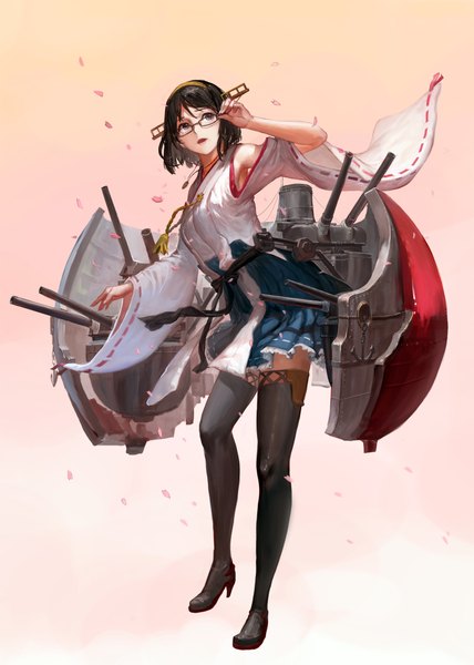 Anime picture 1500x2103 with kantai collection kirishima battleship november (jeanex) single tall image short hair brown hair looking away traditional clothes japanese clothes grey eyes nontraditional miko adjusting glasses girl skirt weapon miniskirt petals glasses hairband