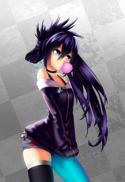 Anime picture 1931x2800 with black rock shooter black rock shooter (character) arantheus single long hair tall image highres blue eyes bare shoulders blue hair purple hair very long hair grey background alternate costume alternate hairstyle checkered background girl thighhighs hair ornament jacket