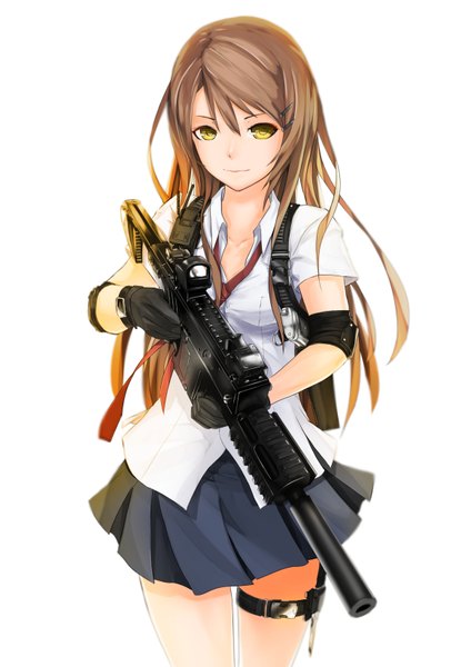 Anime picture 1158x1637 with original lucifer301 single long hair tall image looking at viewer fringe simple background brown hair white background yellow eyes pleated skirt short sleeves open collar girl skirt gloves hair ornament weapon shirt