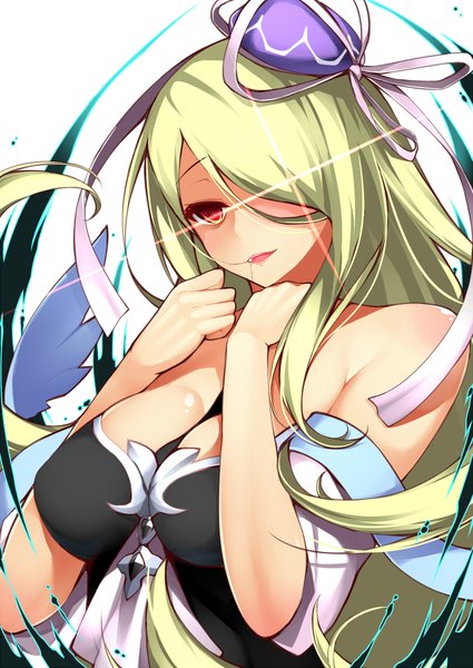 Anime picture 1500x2118 with puzzle & dragons pandora (p&d) dean single long hair tall image fringe breasts open mouth light erotic red eyes large breasts bare shoulders green hair light smile hair over one eye girl headdress