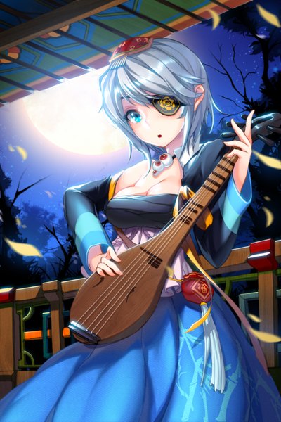 Anime picture 1000x1500 with sword girls snowball22 tall image looking at viewer short hair open mouth blue eyes silver hair night girl dress petals moon eyepatch musical instrument pipa (instrument)